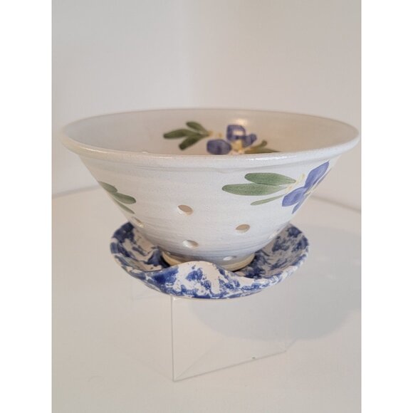 Studio Pottery Glazed Stoneware Berry Bowl attached Under Plate Signed flower - Picture 5 of 11